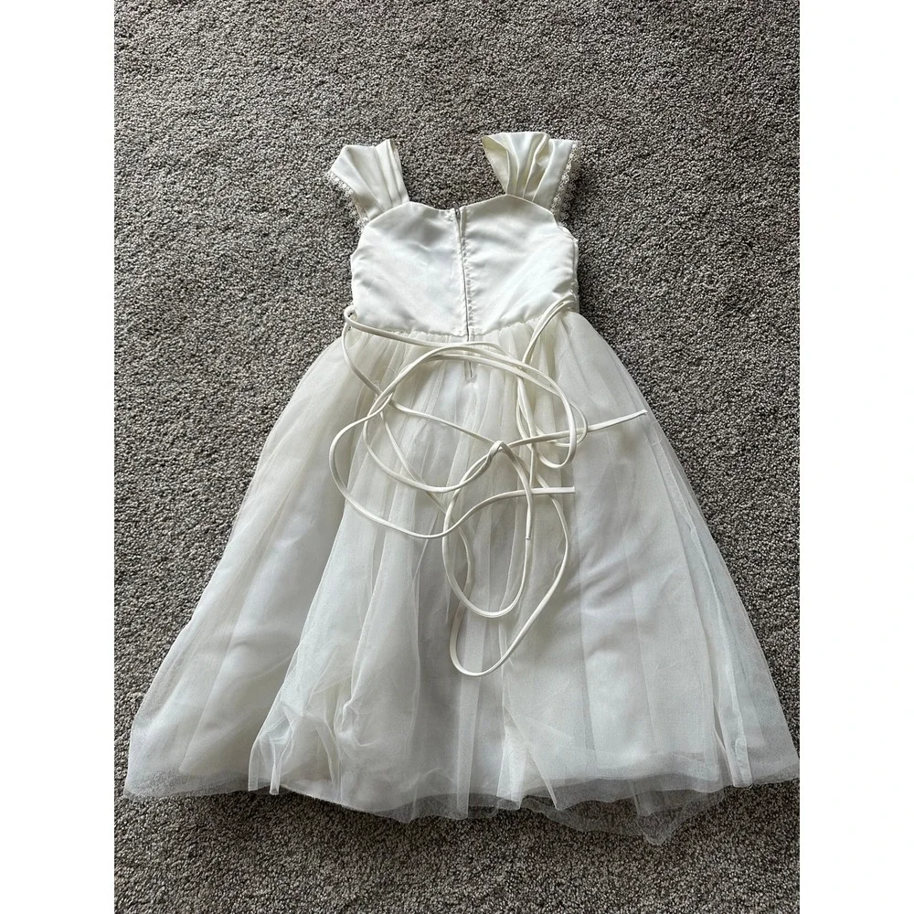 Kids Dream Ivory Satin Tulle Flower Girl Dress Pearl Floral Waist Style 222